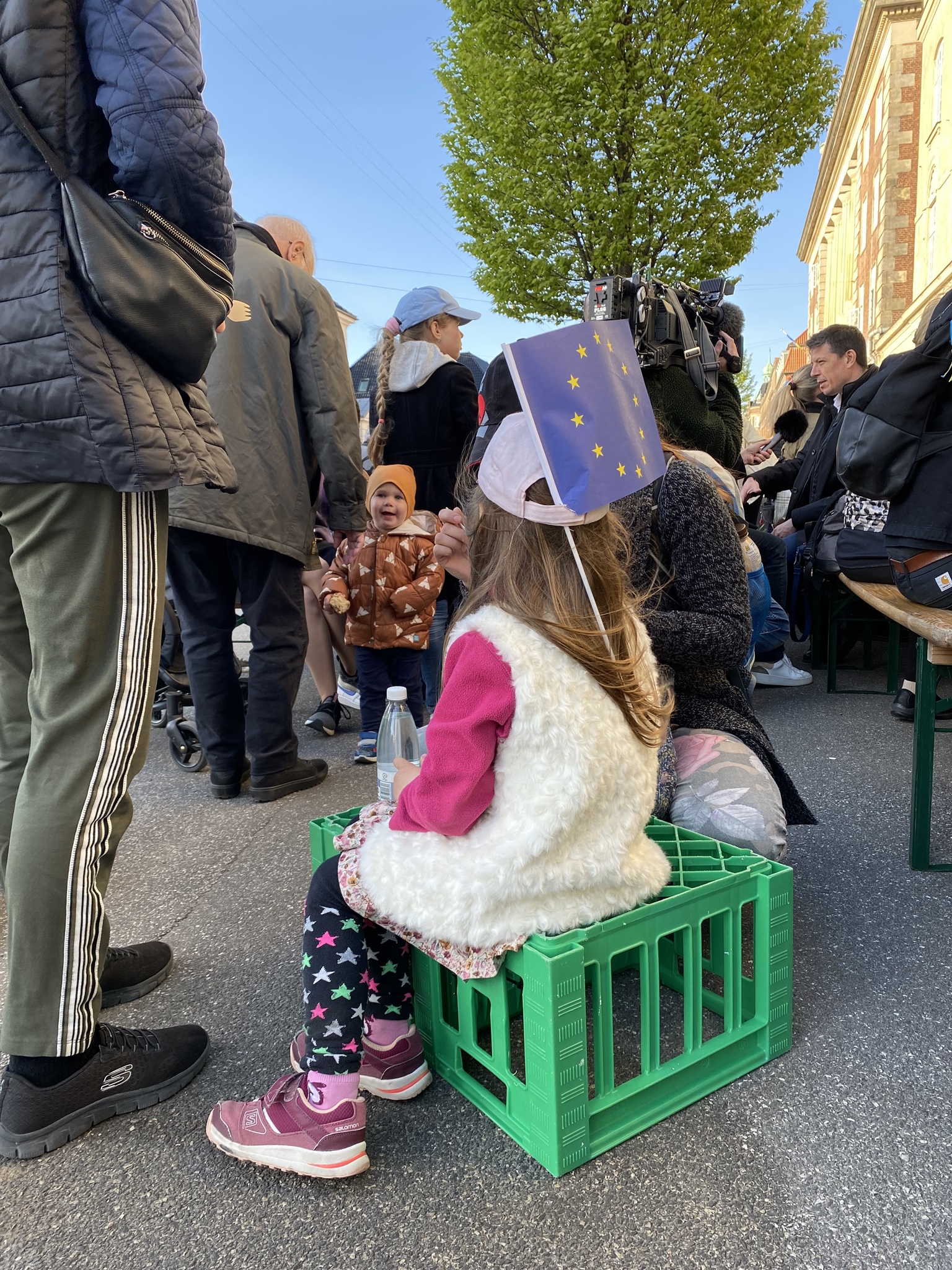 Lige pige med EU-flag ved et radikalt arrangement foran den russiske ambassade